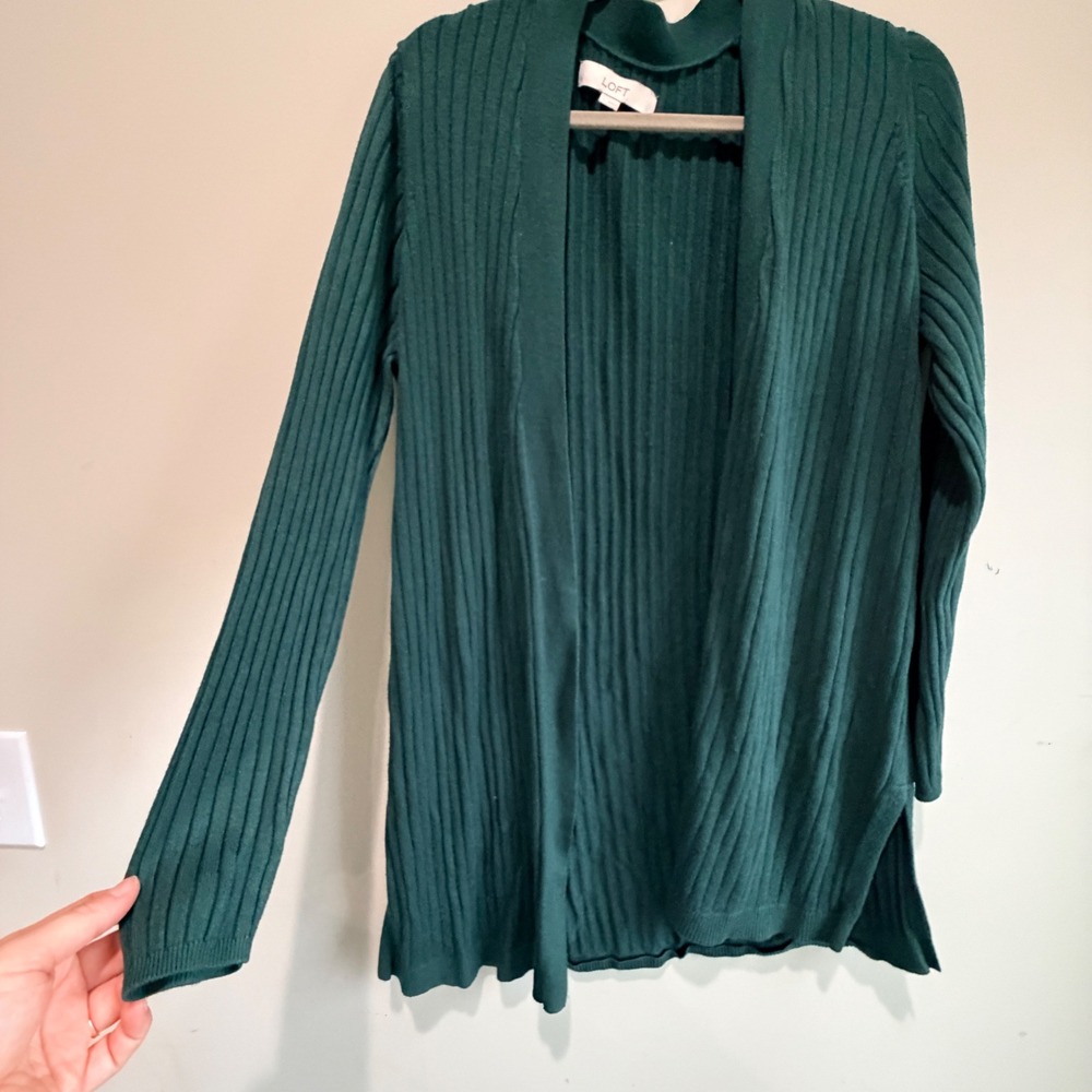 LOFT Ribbed Cardigan Sweater Women Large Green Stretch Minimalist Open Capsule